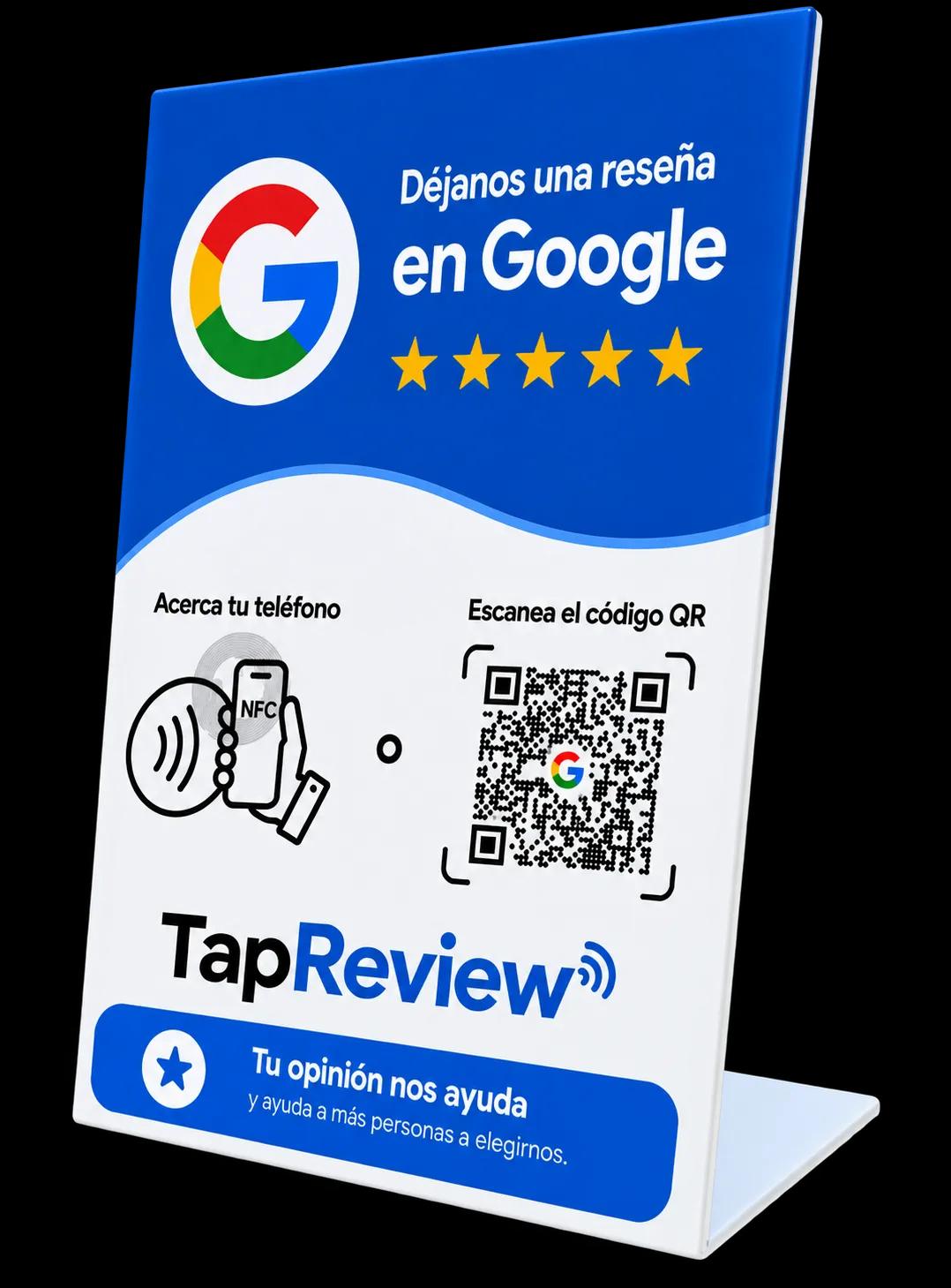 Placa TapRevew con NFC y QR instalada en un mostrador, invitando a dejar reseña en Google
