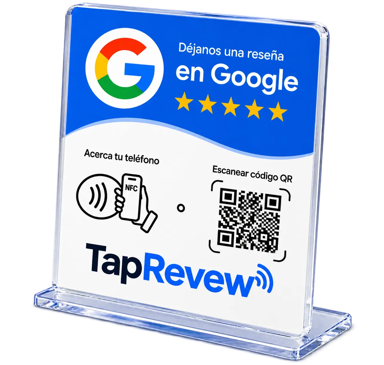 Placa TapRevew con NFC y QR instalada en un mostrador, invitando a dejar reseña en Google