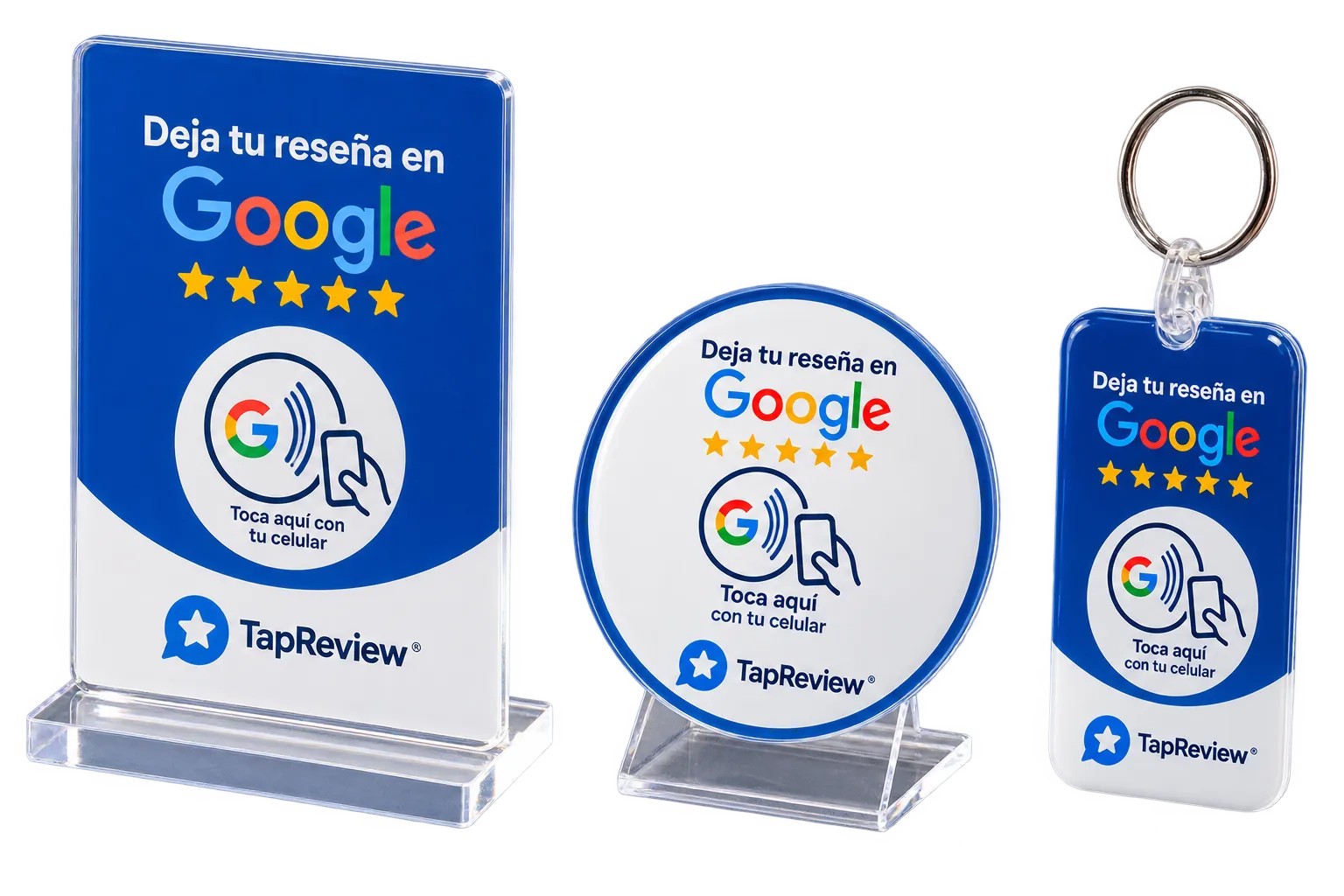 Tres piezas TapRevew NFC y QR para diferentes puntos de atención: mostrador, mesa y llavero